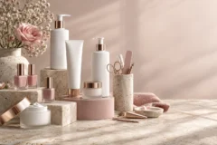 Kompozycja profesjonalnych kosmetyków i akcesoriów beauty