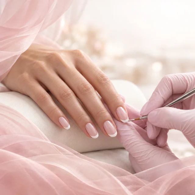 Precyzyjne wykonanie manicure francuskiego w pastelowej oprawie.