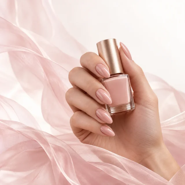 Dłoń z subtelnym manicure nude i lakierem na tle pudrowych fal.