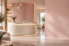 Jasne wnętrze salonu beauty z pudroworóżową recepcją